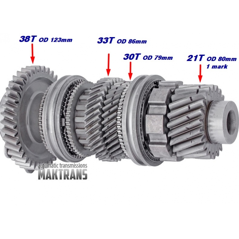 Wał wyjściowy №2 Output Shaft 2 DCT450 (MPS6) koło zębate czynne mechanizmu różnicowego 21T, OD 80mm, 1 mark; 6th (30T, OD 79mm); 5th (33 OD 86mm); Reverse Gear (38T, OD 123mm)