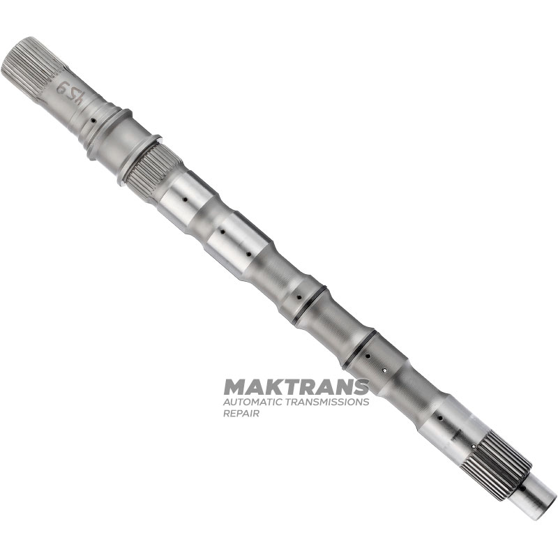 Wał wyjściowy RE5R05A / RE7R01A — długość całkowita 459 mm, 32 wielowypusty (średnica zewnętrzna 32,40 mm, długość 35 mm), 36 wielowypustów (średnica zewnętrzna 37,80 mm, długość 20 mm), 32 wielowypusty (średnica zewnętrzna 33,70 mm, długość 35 mm)
