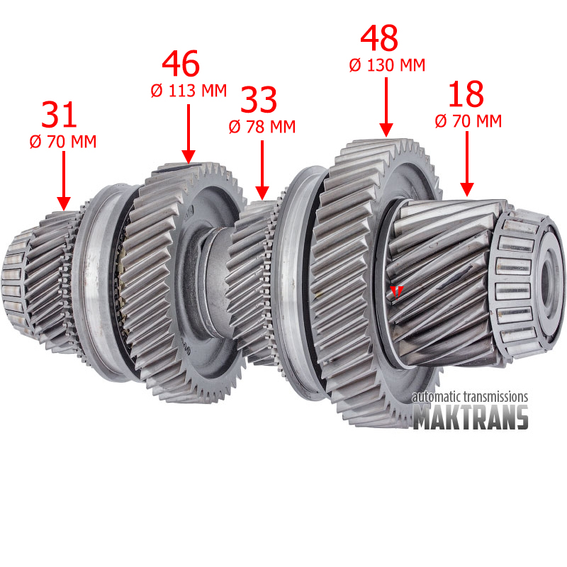 Wał wyjściowy napędu różnicowego nr 2 VAG DSG DQ500 0BT, 0BH — 18 (Ø 70 mm), 48 (Ø 130 mm), 33 (Ø 78 mm), 46 (Ø 113 mm), 31 (Ø 70 mm)