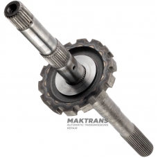 Wał wyjściowy (z kołem postojowym) FORD E4OD, 4R100 — długość całkowita 506 mm, 31 wielowypustów (Ø zewn. 34,30 mm), koło postojowe 14 zębów (Ø zewn. 142,10 mm)