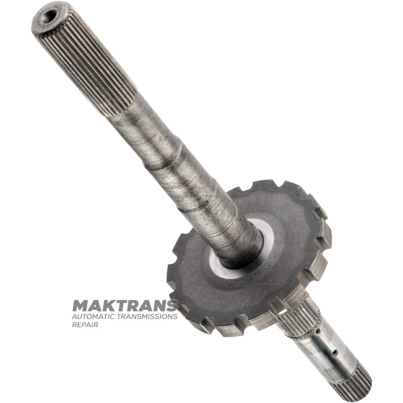 Wał wyjściowy (z kołem postojowym) FORD E4OD, 4R100 — długość całkowita 506 mm, 31 wielowypustów (Ø zewn. 34,30 mm), koło postojowe 14 zębów (Ø zewn. 142,10 mm)