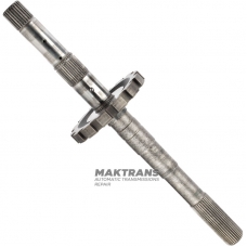 Wał wyjściowy (z kołem postojowym) FORD E4OD, 4R100 — długość całkowita 506 mm, 31 wielowypustów (Ø zewn. 34,30 mm), koło postojowe 14 zębów (Ø zewn. 142,10 mm)