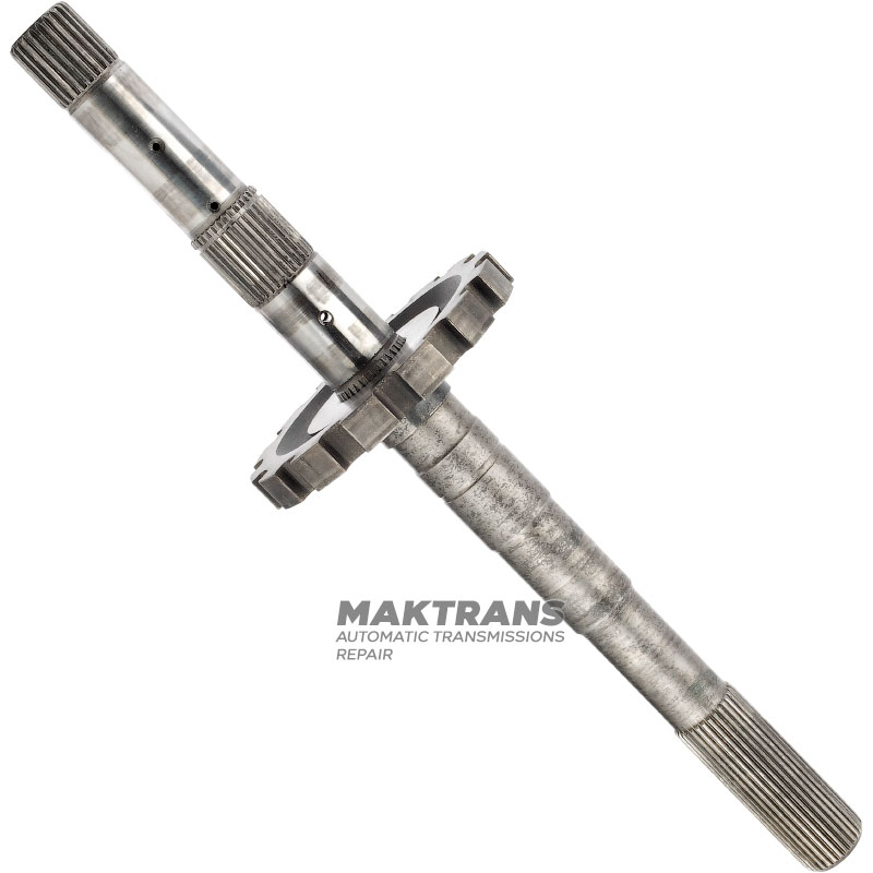 Wał wyjściowy (z kołem postojowym) FORD E4OD, 4R100 — długość całkowita 506 mm, 31 wielowypustów (Ø zewn. 34,30 mm), koło postojowe 14 zębów (Ø zewn. 142,10 mm)