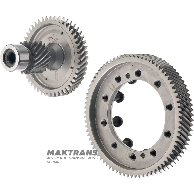 Para główna (78-19 zębów) mechanizmu różnicowego MAZDA CW6A-EL, EW6A-EL — wałek pośredni 19 zębów (średnica zewnętrzna 50,30 mm), 46 zębów (średnica zewnętrzna 127,35 mm), koło pierścieniowe mechanizmu różnicowego 78 zębów (średnica zewnętrzna 186,65 mm)