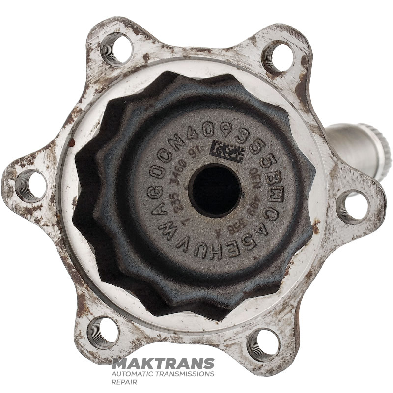 Wał kołnierzowy (skrzynia rozdzielcza) VAG DSG6 DQ250 02E - 0CN409355B, długość całkowita 334 mm, 6 otworów montażowych (rozstaw osi 50 mm)